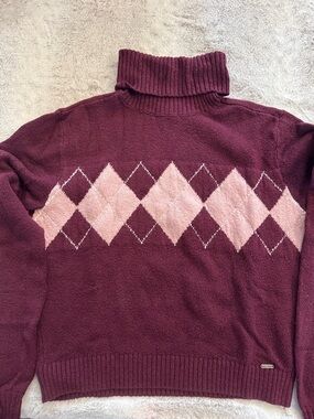 Hollister Burgundy Turtleneck Sweater with Pink Argyle